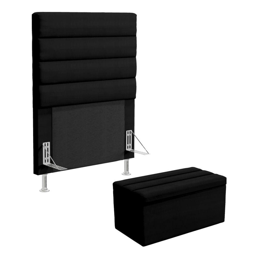 Cabeceira Atlas e Calçadeira Baú Ursa 90 para Cama de Solteiro A-012 Couro Preto Aradecor