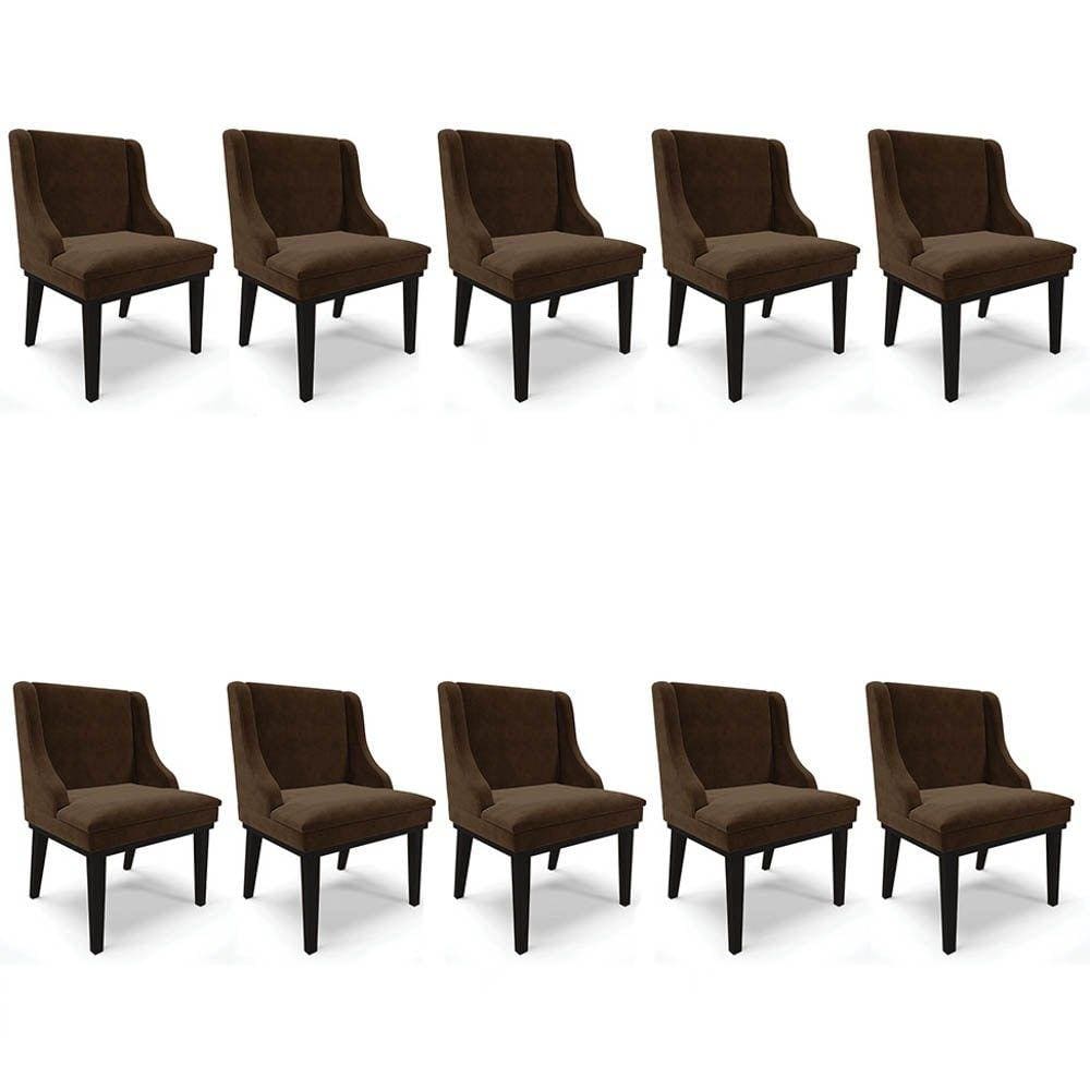 Kit 10 Cadeiras Estofadas para Sala de Jantar Base Fixa de Madeira Preto Lia Suede Marrom - Ibiza