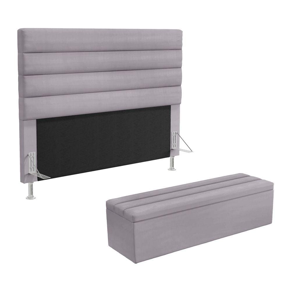 Cabeceira Atlas e Calçadeira Baú Ursa 160 para Cama Queen N-023 Veludo Cinza Claro Aradecor