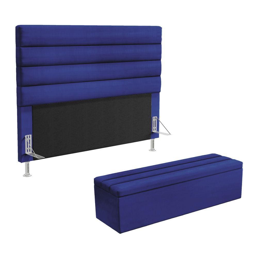 Cabeceira Atlas e Calçadeira Baú Ursa 160 para Cama Queen A-019 Couro Azul Aradecor