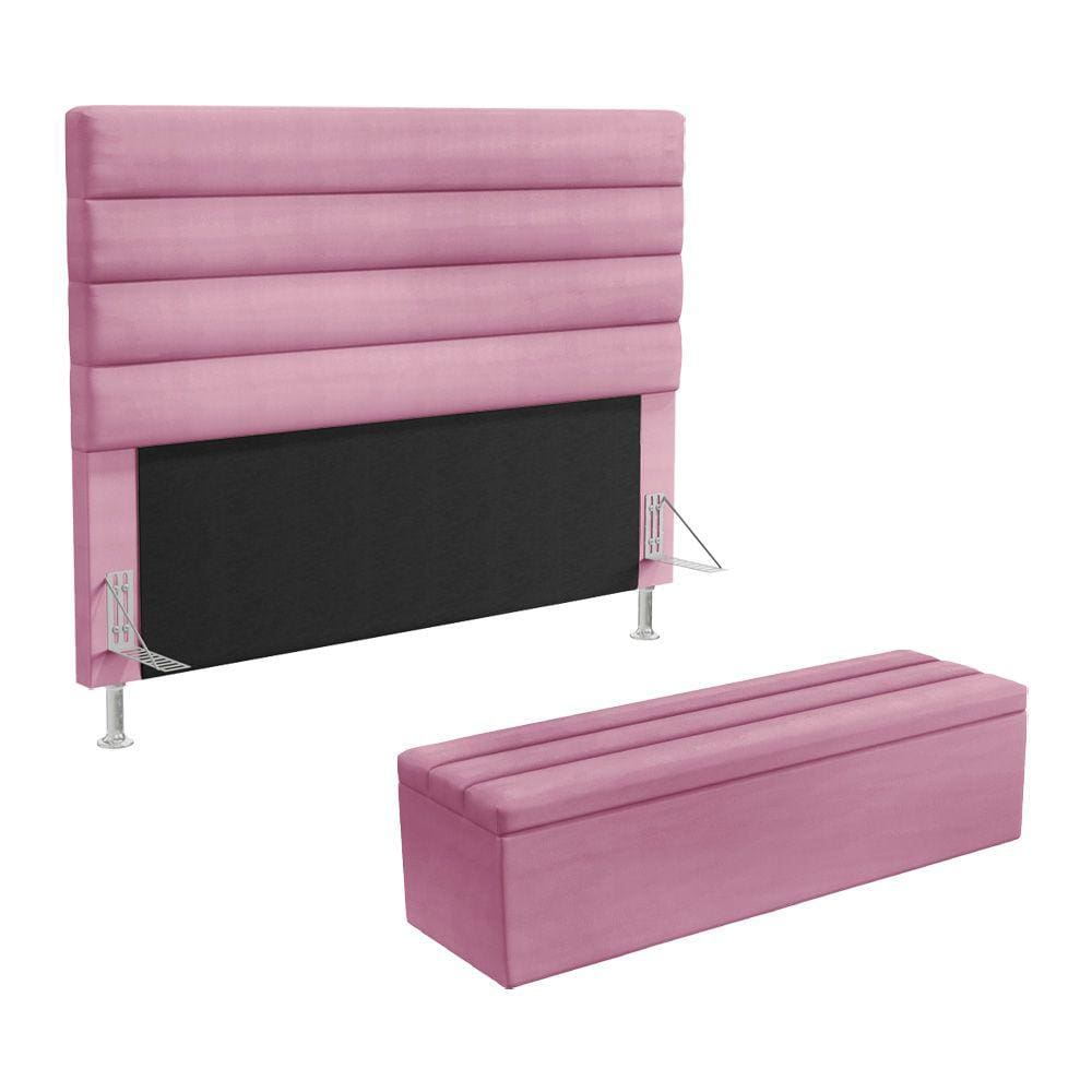 Cabeceira Atlas e Calçadeira Baú Ursa 195 para Cama King Z-009 Sued Rosê Aradecor