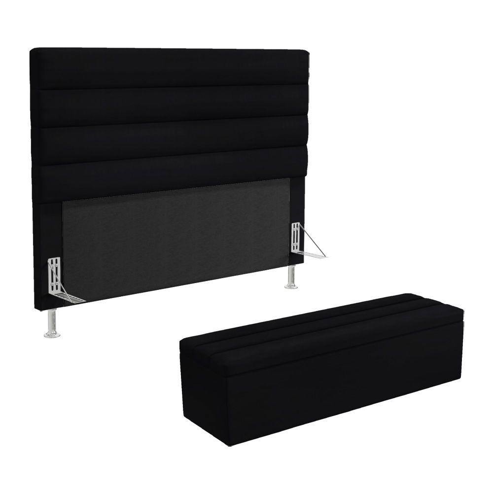 Cabeceira Atlas e Calçadeira Baú Ursa 160 para Cama Queen A-012 Couro Preto Aradecor
