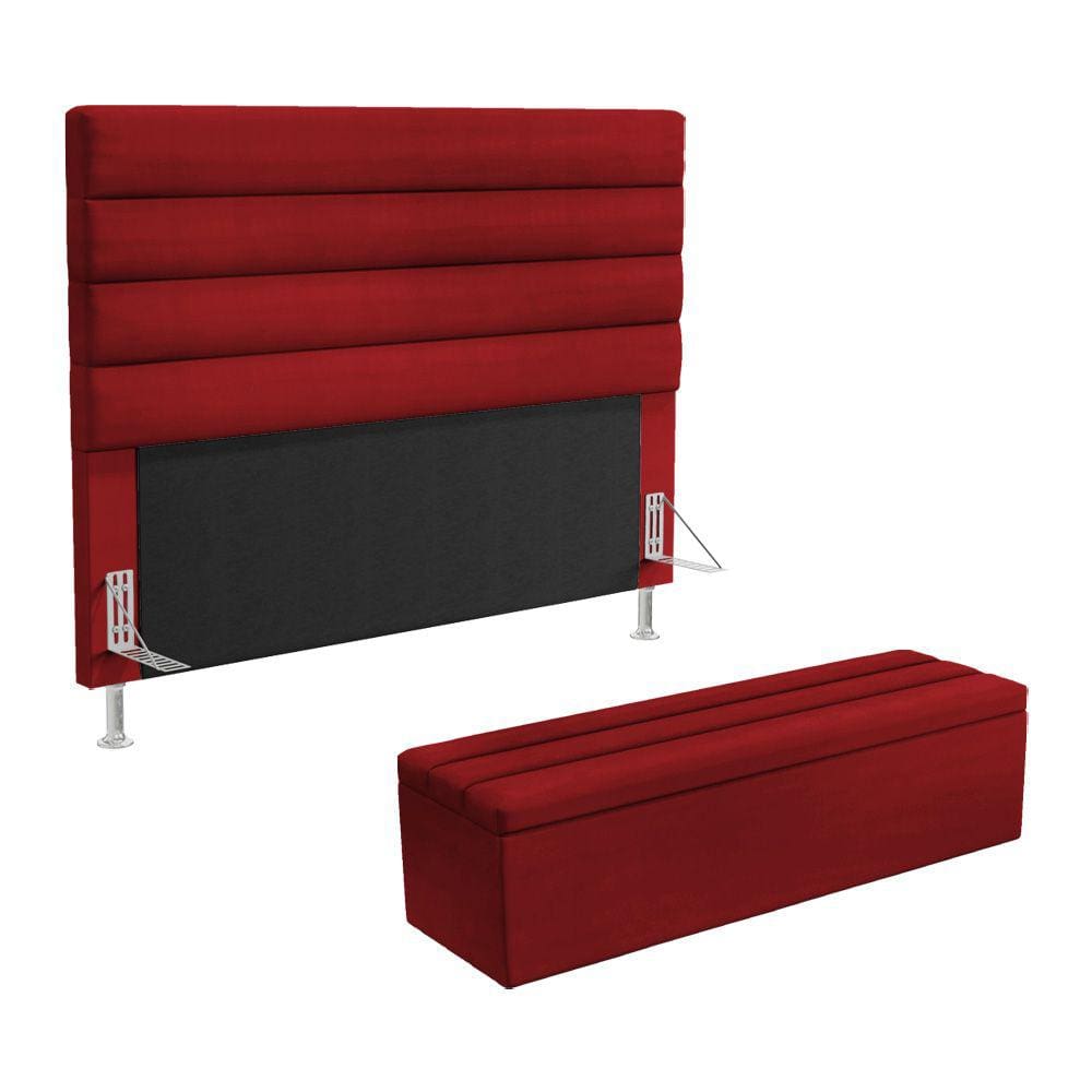 Cabeceira Atlas e Calçadeira Baú Ursa 160 para Cama Queen N-033 Veludo Vermelho Aradecor