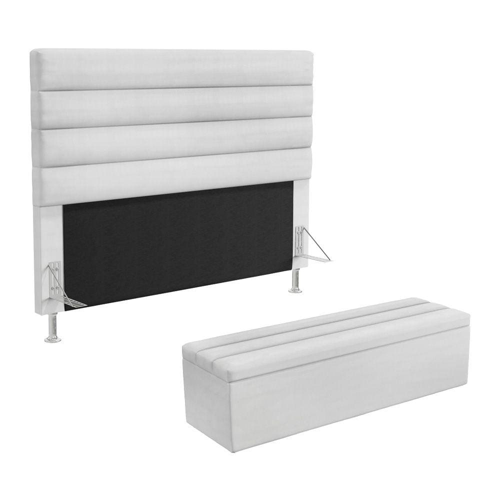 Cabeceira Atlas e Calçadeira Baú Ursa 160 para Cama Queen A-013 Couro Branco Aradecor