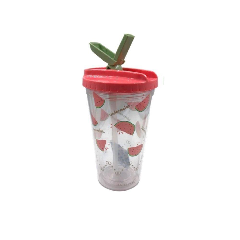 Copo de plástico Infantil Desenho Frutas com Canudo 450ML