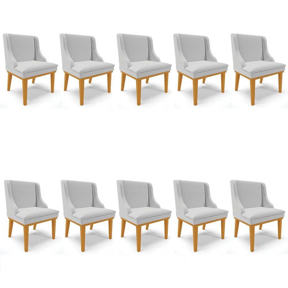 Kit 10 Cadeiras Estofadas para Sala de Jantar Base Fixa de Madeira Castanho Lia Linho Cinza - Ibiza