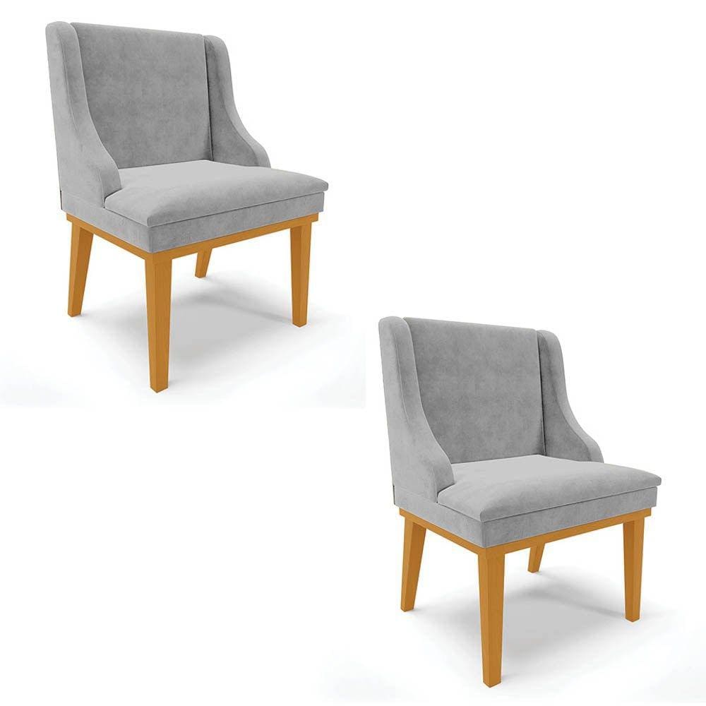 Kit 2 Cadeiras Estofadas para Sala de Jantar Base Fixa de Madeira Castanho Lia Suede Cinza - Ibiza
