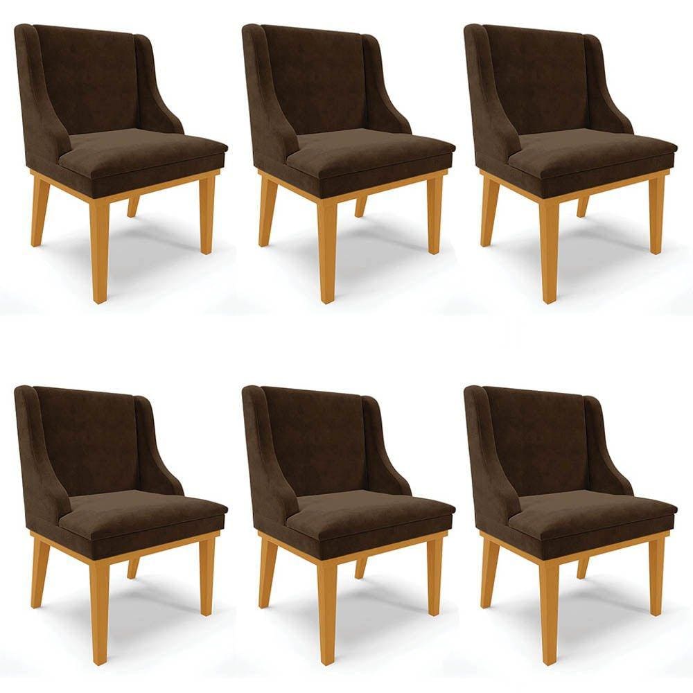 Kit 6 Cadeiras Estofadas para Sala de Jantar Base Fixa de Madeira Castanho Lia Suede Marrom - Ibiza