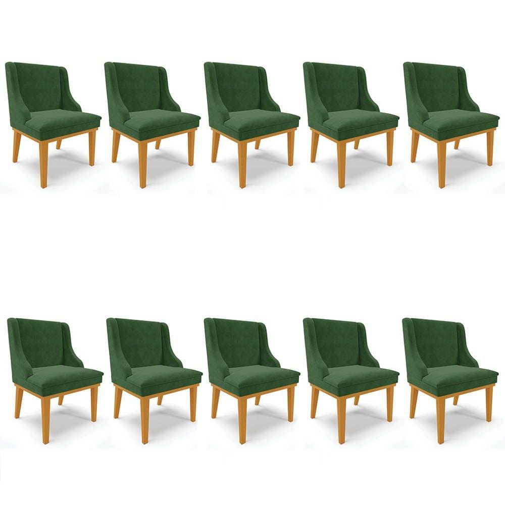 Kit 10 Cadeiras Estofadas para Sala de Jantar Base Fixa de Madeira Castanho Lia Suede Verde - Ibiza