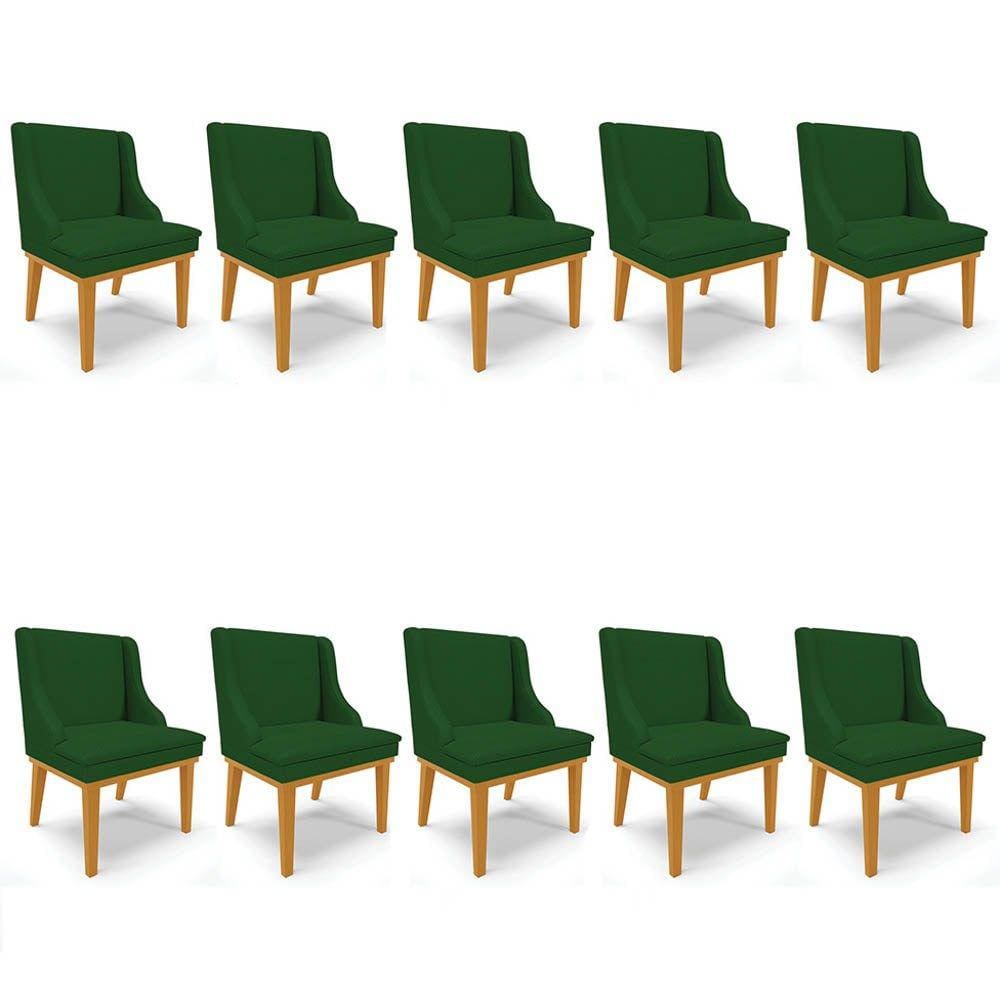 Kit 10 Cadeiras Estofadas para Sala de Jantar Base Fixa de Madeira Castanho Lia Veludo Verde - Ibiza