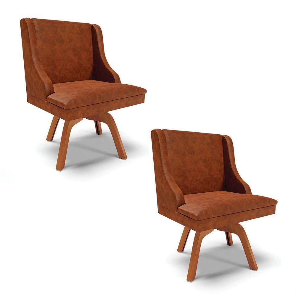 Kit 2 Cadeiras Estofadas Base Giratória de Madeira Lia Sintético Premium Nozes - Ibiza