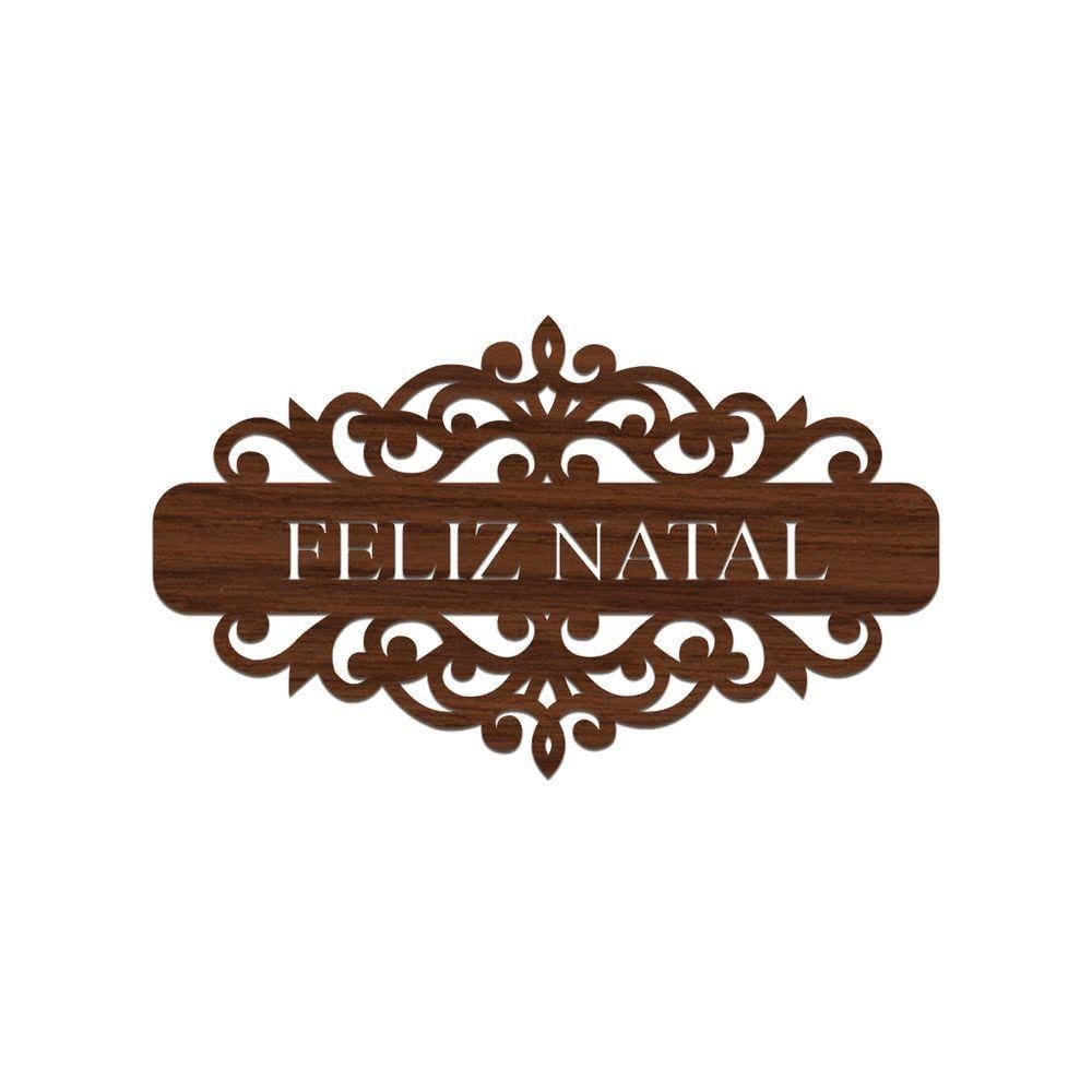 Placa Feliz Natal Com Arabesco 30cmx17cm - Cria Arte Laser Madeira Escuro