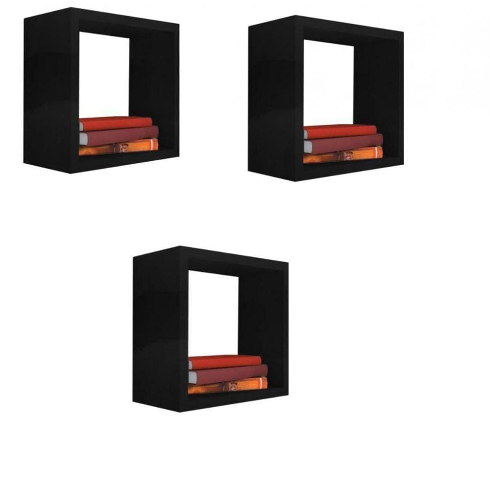 Kit 3 Nicho Decorativo 40X40X15 Cm Preto Em Mdf