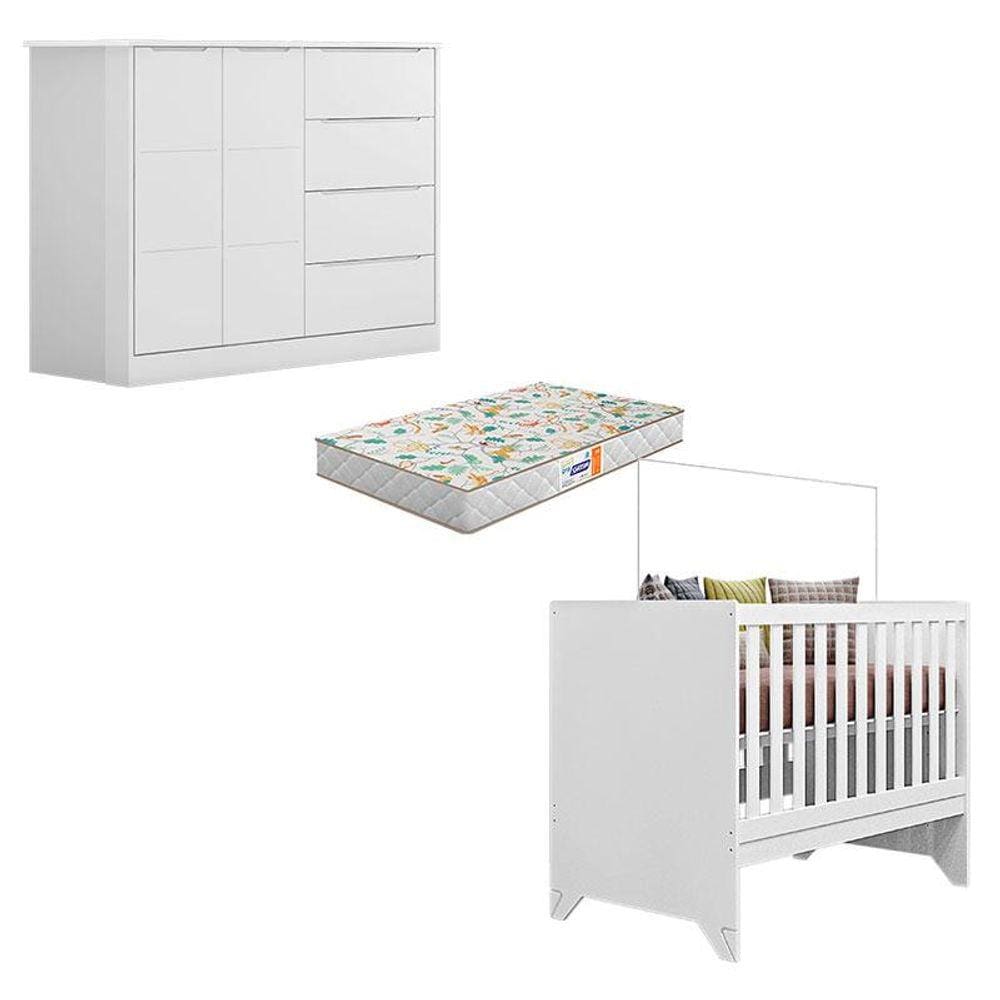 Berço Americano Retro Maya e Cômoda Infantil Eloá Branco Acetinado com Colchão Gazin - Phoenix Baby