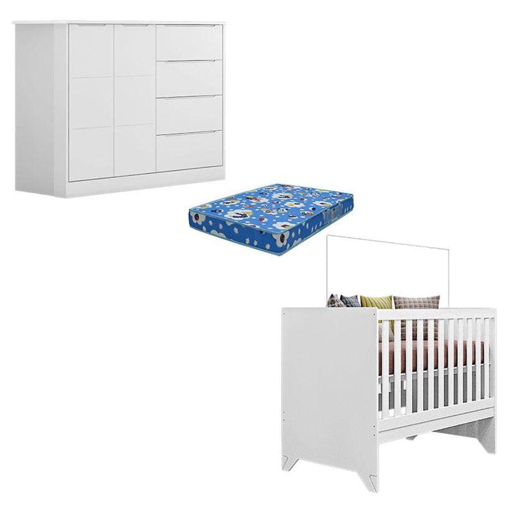 Berço Americano Retro Maya e Cômoda Infantil Eloá Branco Acetinado com Colchão Ortobom - Phoenix Baby