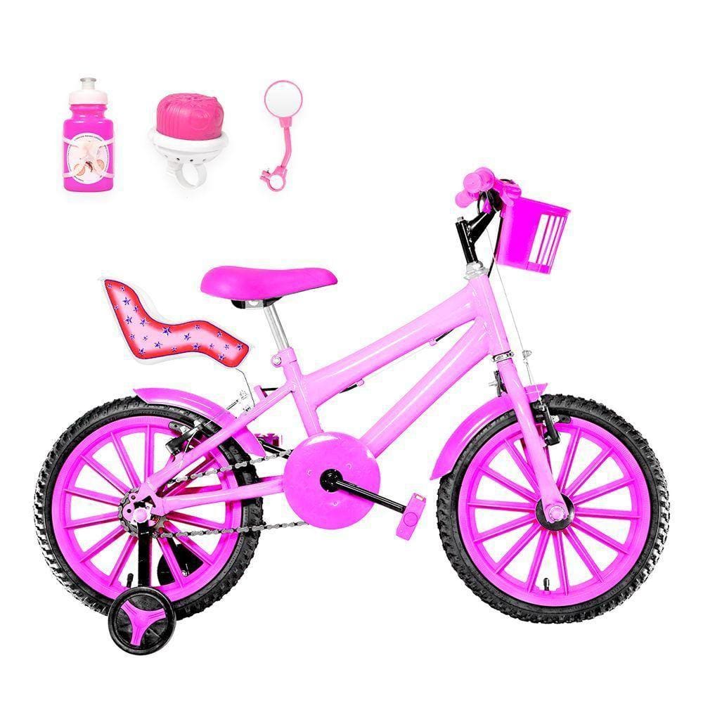 Bicicleta Infantil Aro 16 Nylon e Cadeirinha Rosa e Pink
