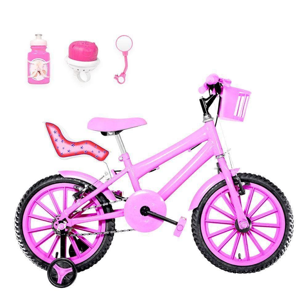 Bicicleta Infantil Aro 16 Nylon e Cadeirinha Rosa