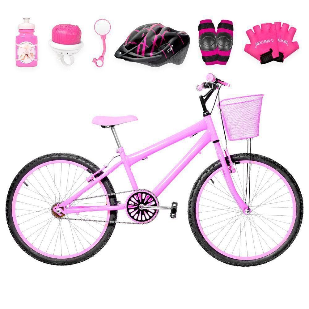 Bicicleta Infantil Aro 24 Alumínio Kit Proteção Rosa