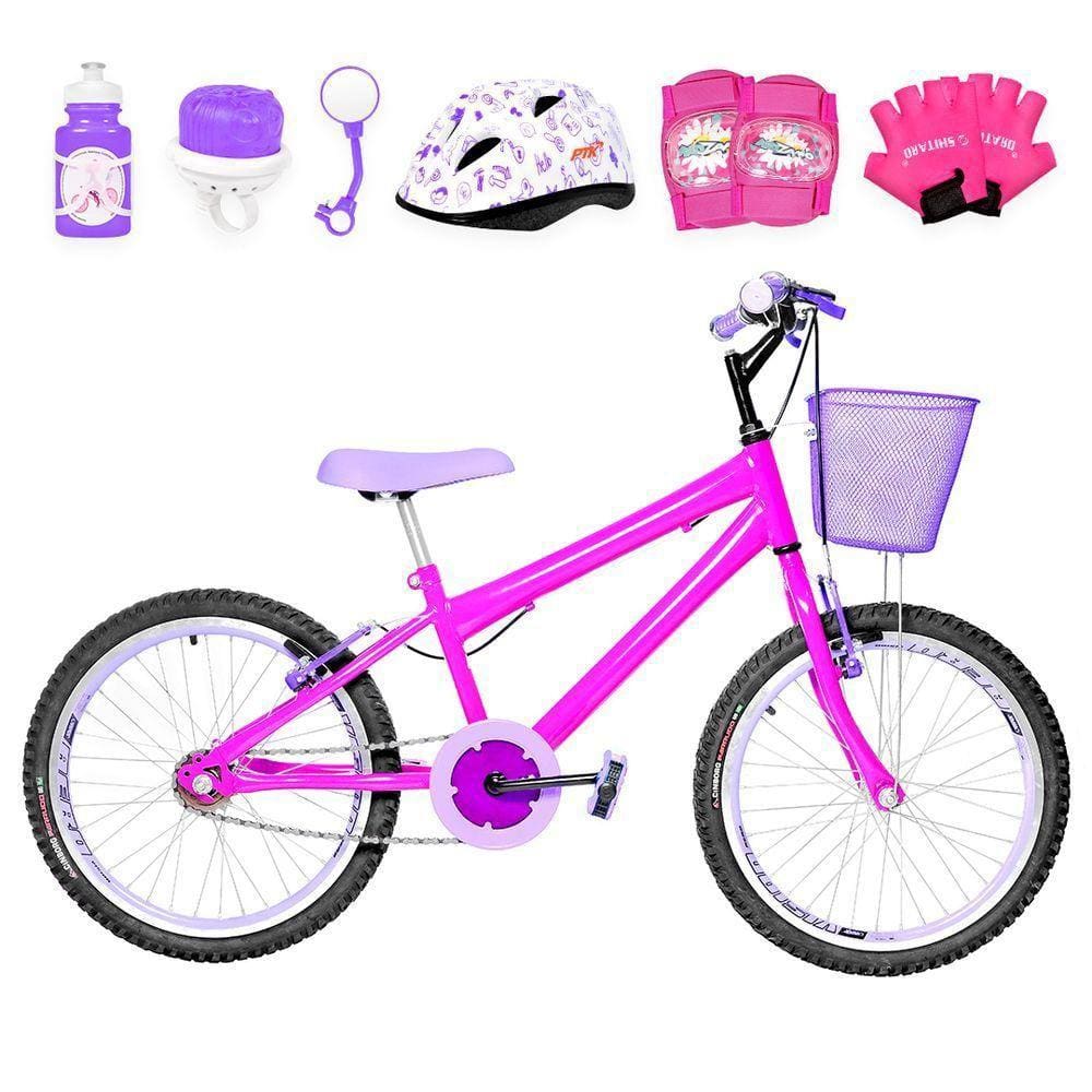 Bicicleta Infantil Aro 20 Aero + Kit Proteção Pink e Lilás