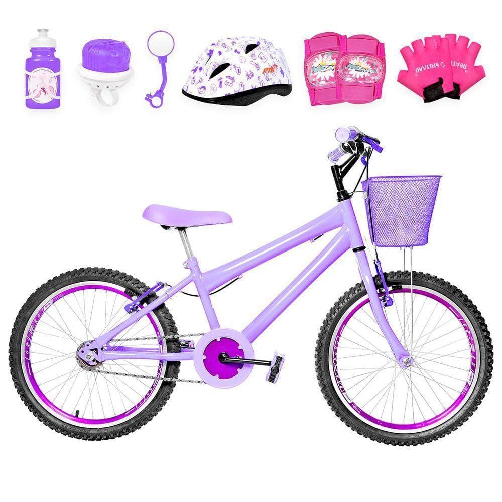 Bicicleta Infantil Aro 20 + Kit Proteção Lilás e Violeta