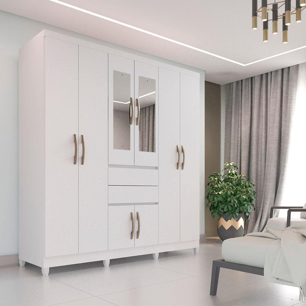 Guarda Roupa Casal com Espelho 8 Portas 2 Gavetas Master Top IMOP Móveis - Branco Neve