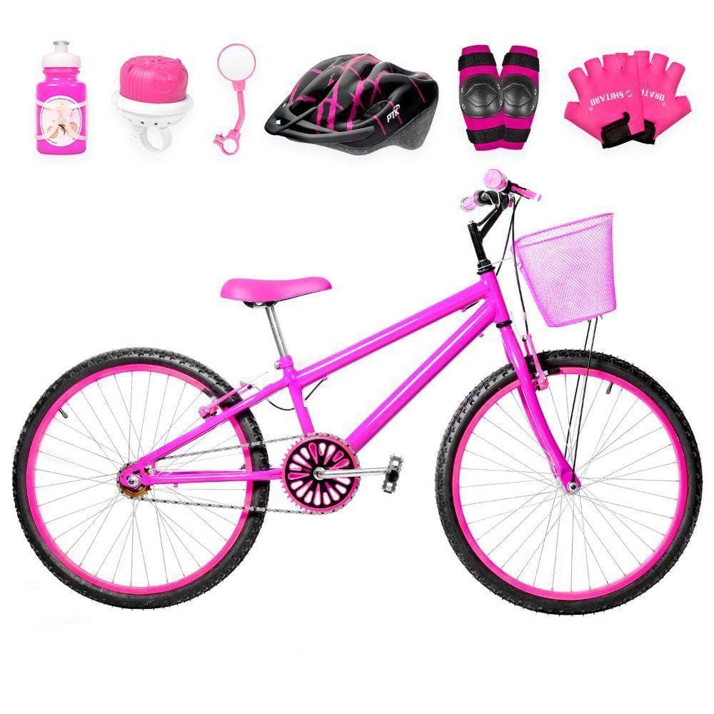 Bicicleta Infantil Aro 24 Alumínio Kit Proteção Pink
