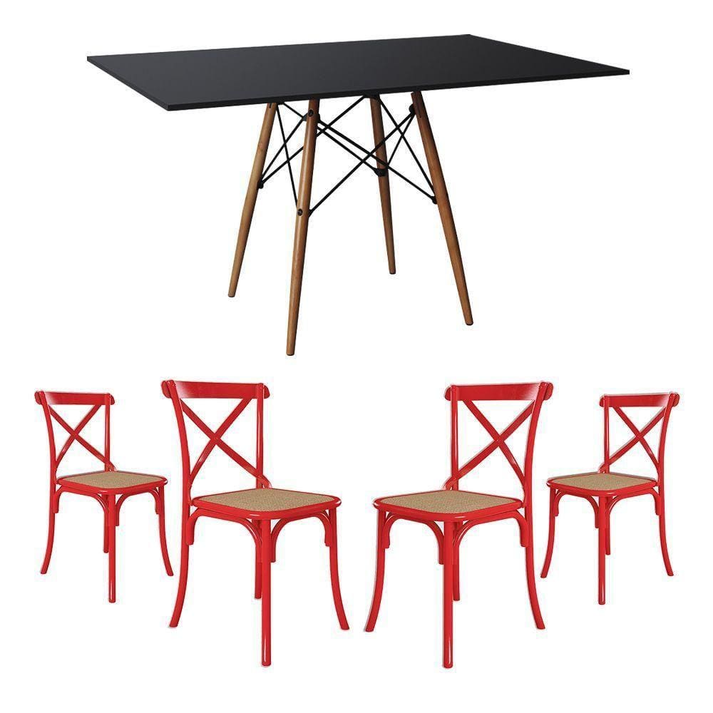 Conjunto De Mesa Eiffel Retangular Tampo De Madeira 120X75Cm Preto Com 4 Cadeiras Katrina Vermelha A