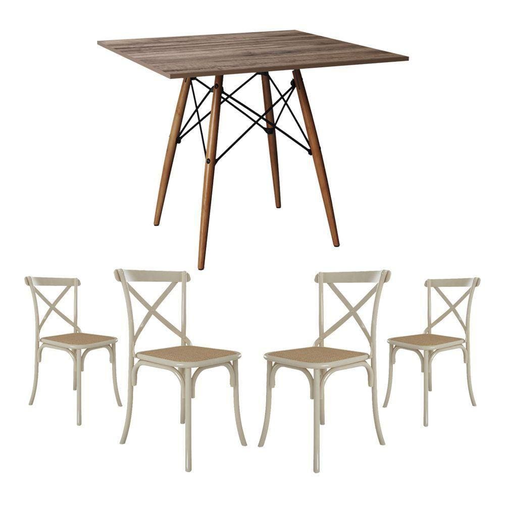 Conjunto De Mesa Eiffel Quadrado Tampo De Madeira 90Cm Amêndoa Com 4 Cadeiras Katrina Off White