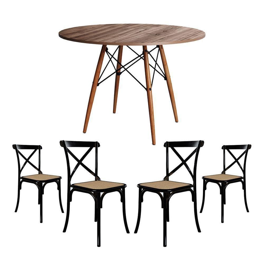 Conjunto De Mesa Eiffel Redondo Tampo De Madeira 110Cm Amêndoa Com 4 Cadeiras Katrina Preto Assento