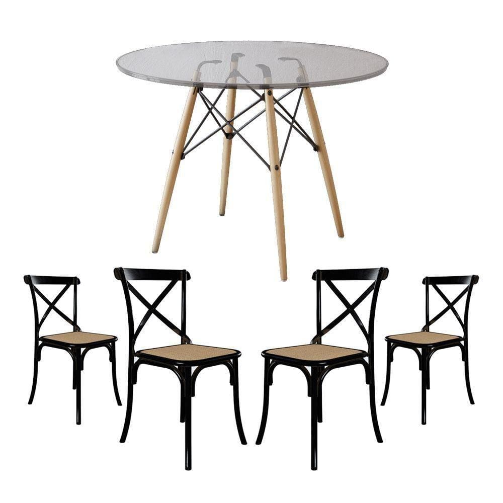 Conjunto De Mesa Eiffel Redondo Tampo De Vidro 110Cm Com 4 Cadeiras Katrina Preto Assento Bege