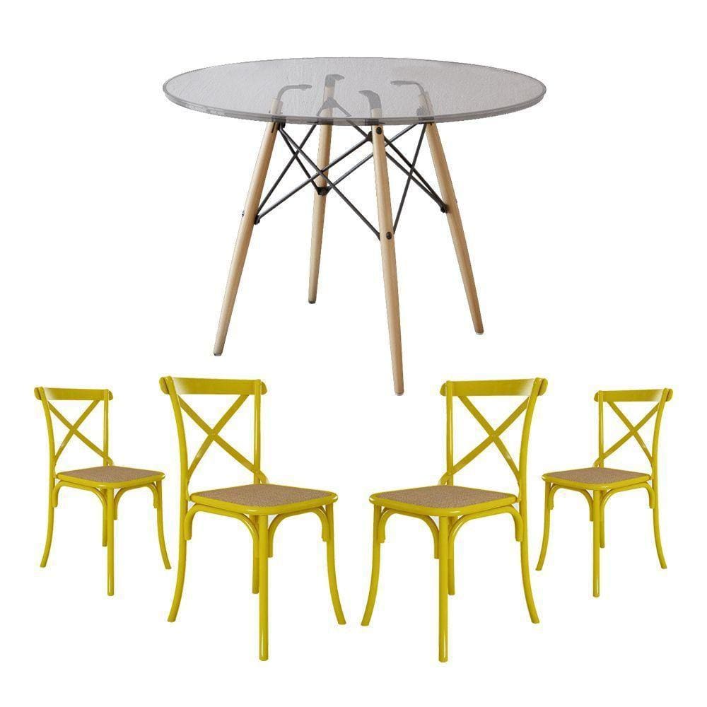 Jogo De Mesa Eiffel Redondo Tampo De Vidro 110Cm Com 4 Cadeiras Katrina Amarela Assento Bege