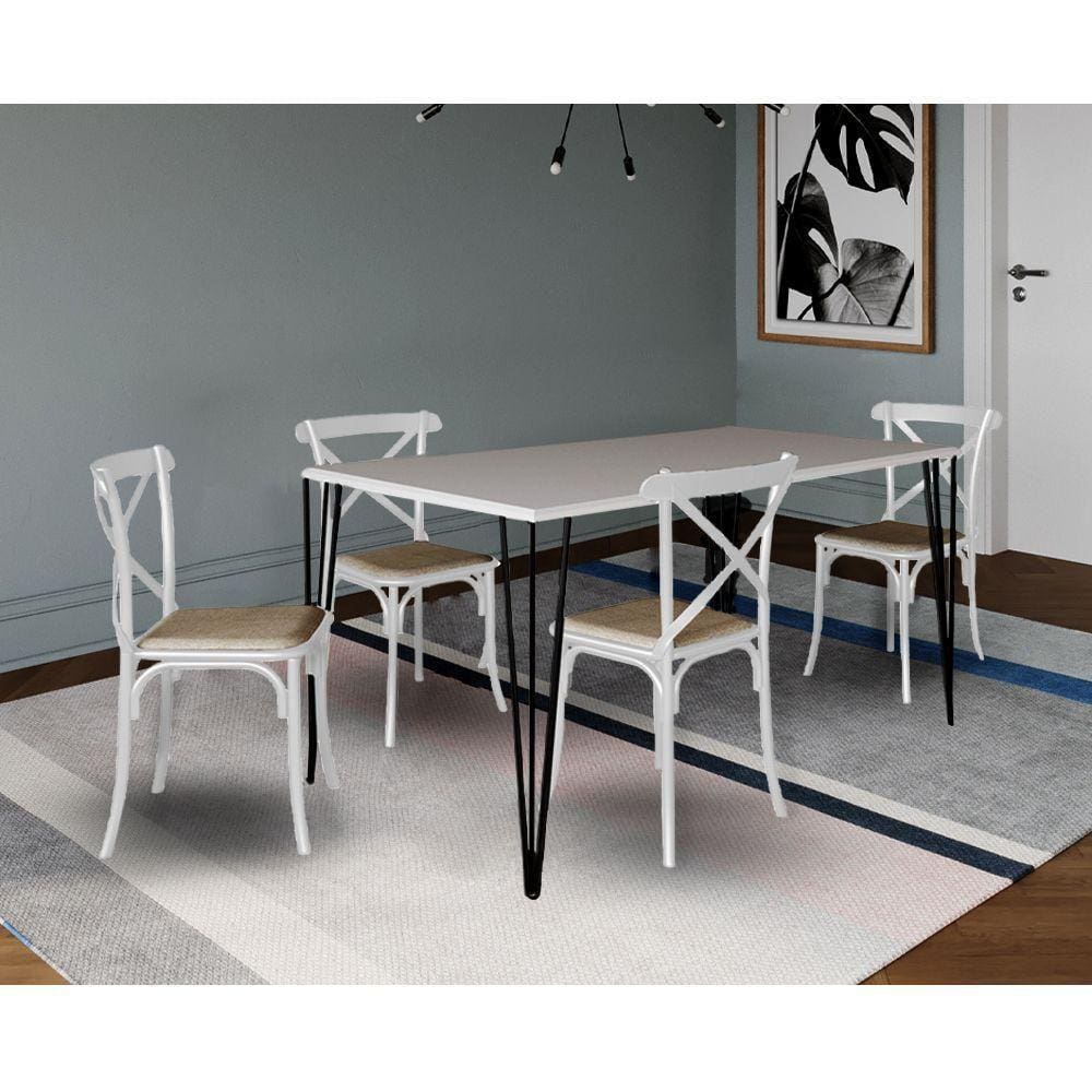 Jogo De Mesa Elen Retangular Tampo De Madeira 150X90Cm Preto Com 4 Cadeiras Katrina Brancao B
