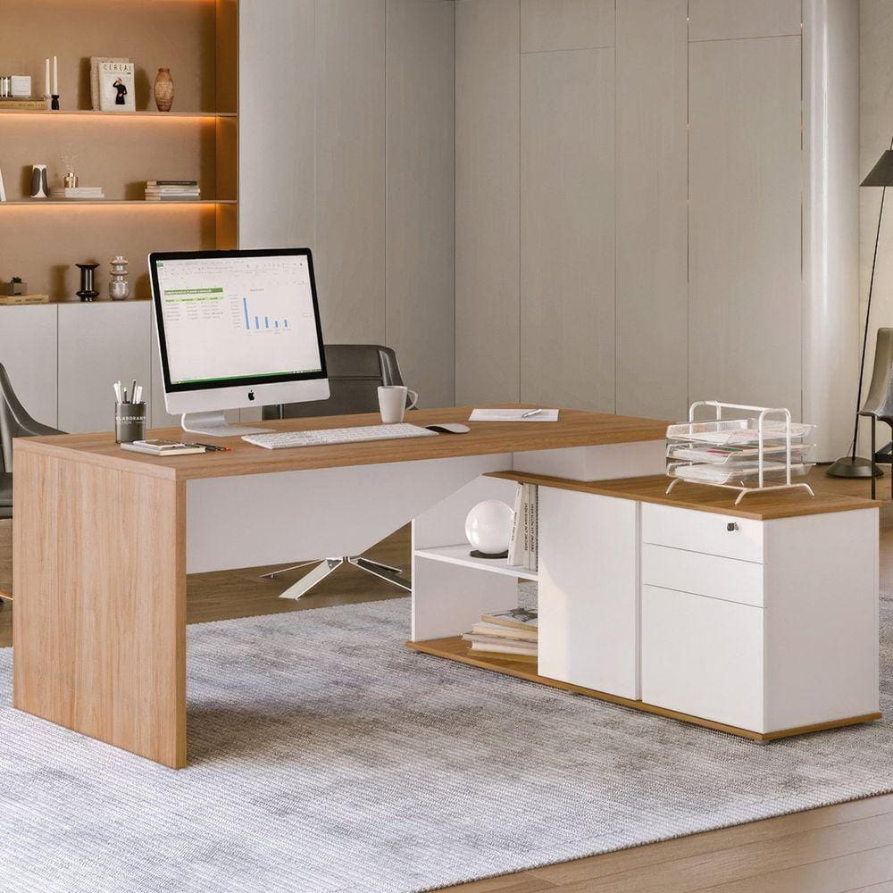 Mesa Diretor em L 3 Gavetas 1 Porta Spring Yescasa Itapuã/Branco