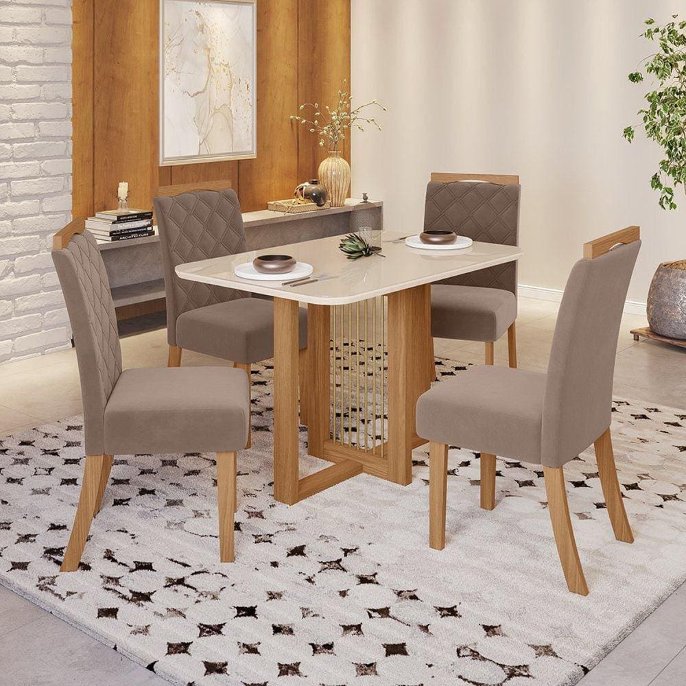 Conjunto Sala de Jantar Tampo Mdf/Vidro 4 Cadeiras Marie Marrom/Off White/Marrom Amêndoa
