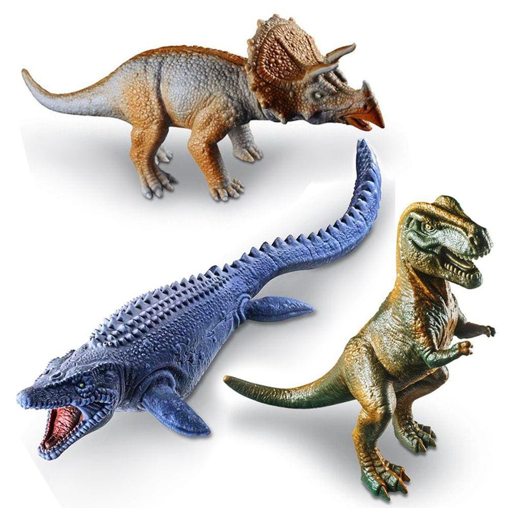 3 Dinossauros Em Vinil Mosassauro Triceratops Rex Brinquedo