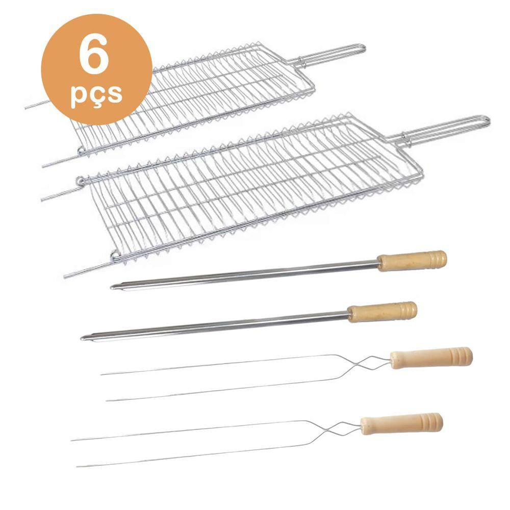 Kit 2 Grelhas 2 espetos simples e 2 duplo inox churrasco