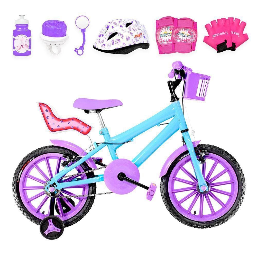 Bicicleta Infantil Aro 16 Nylon Azul Claro e Lilás