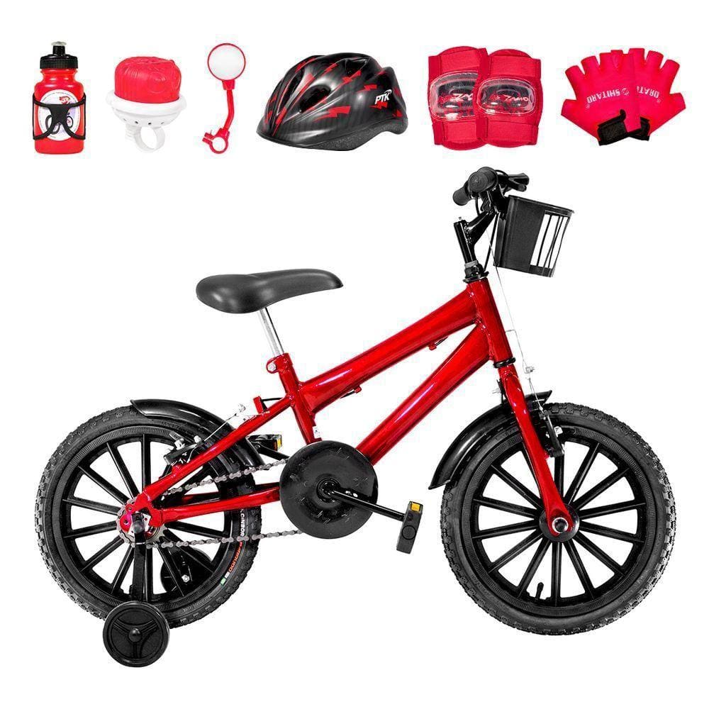 Bicicleta Infantil Aro 16 + Kit Proteção Vermelha e Preta