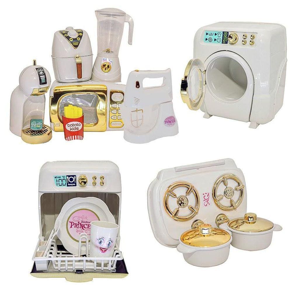 Brinquedo Princesa Cozinha Eletro Fogão Roupa Louça 17Pç