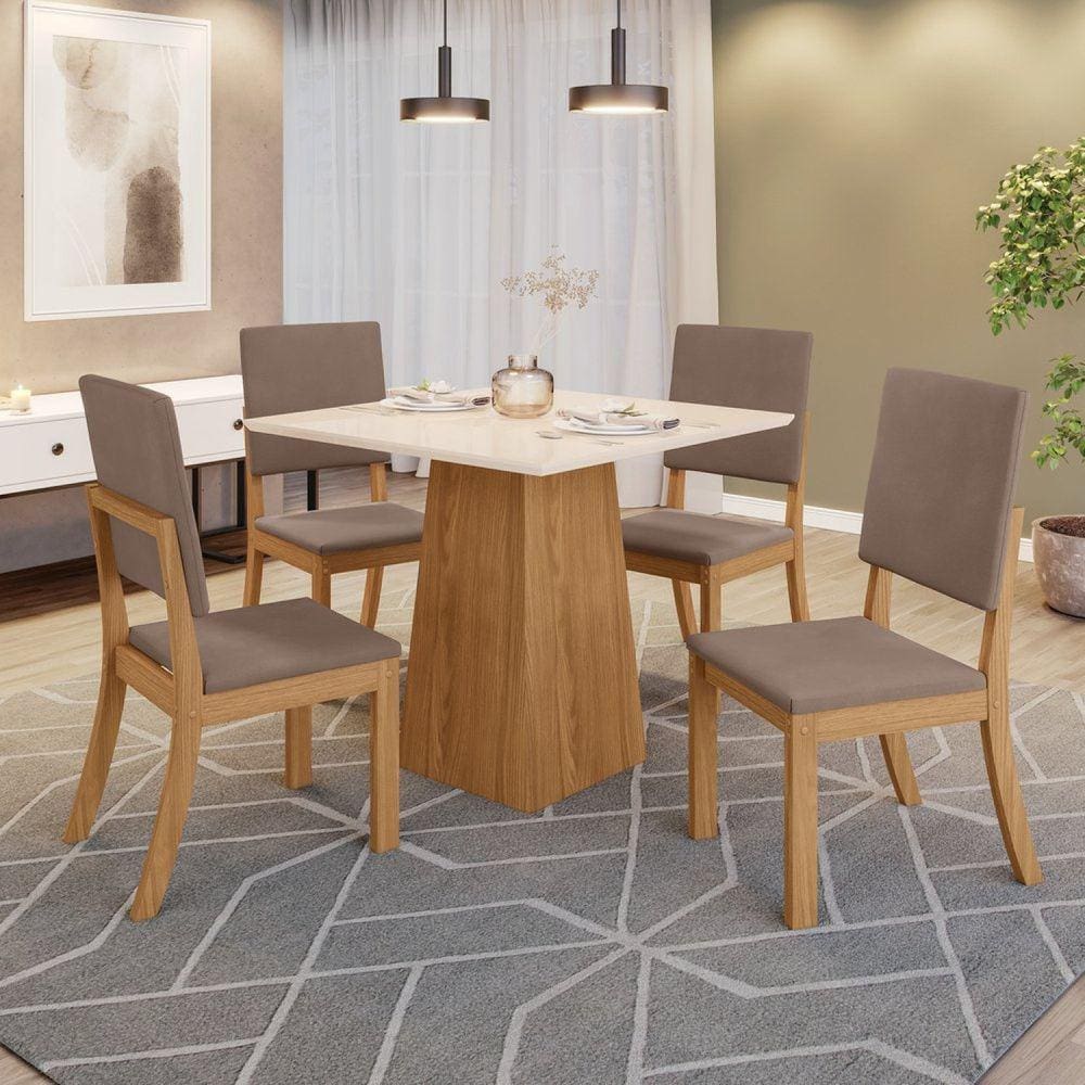 Conjunto Sala de Jantar Tampo MDF 4 Cadeiras Kaia Marrom/Off White/Marrom Amêndoa