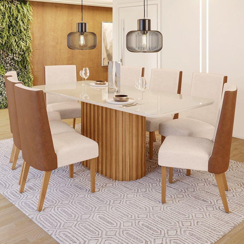 Conjunto Sala de Jantar Tampo Mdf/Vidro 8 Cadeiras Geovana Marrom/Off White/Courano/Linho