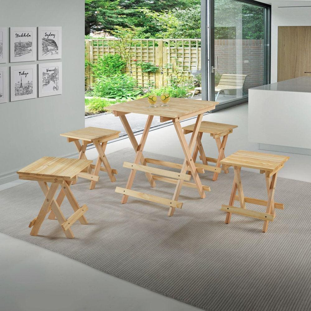 Conjunto Mesa Dobrável e 4 Banquetas Bege
