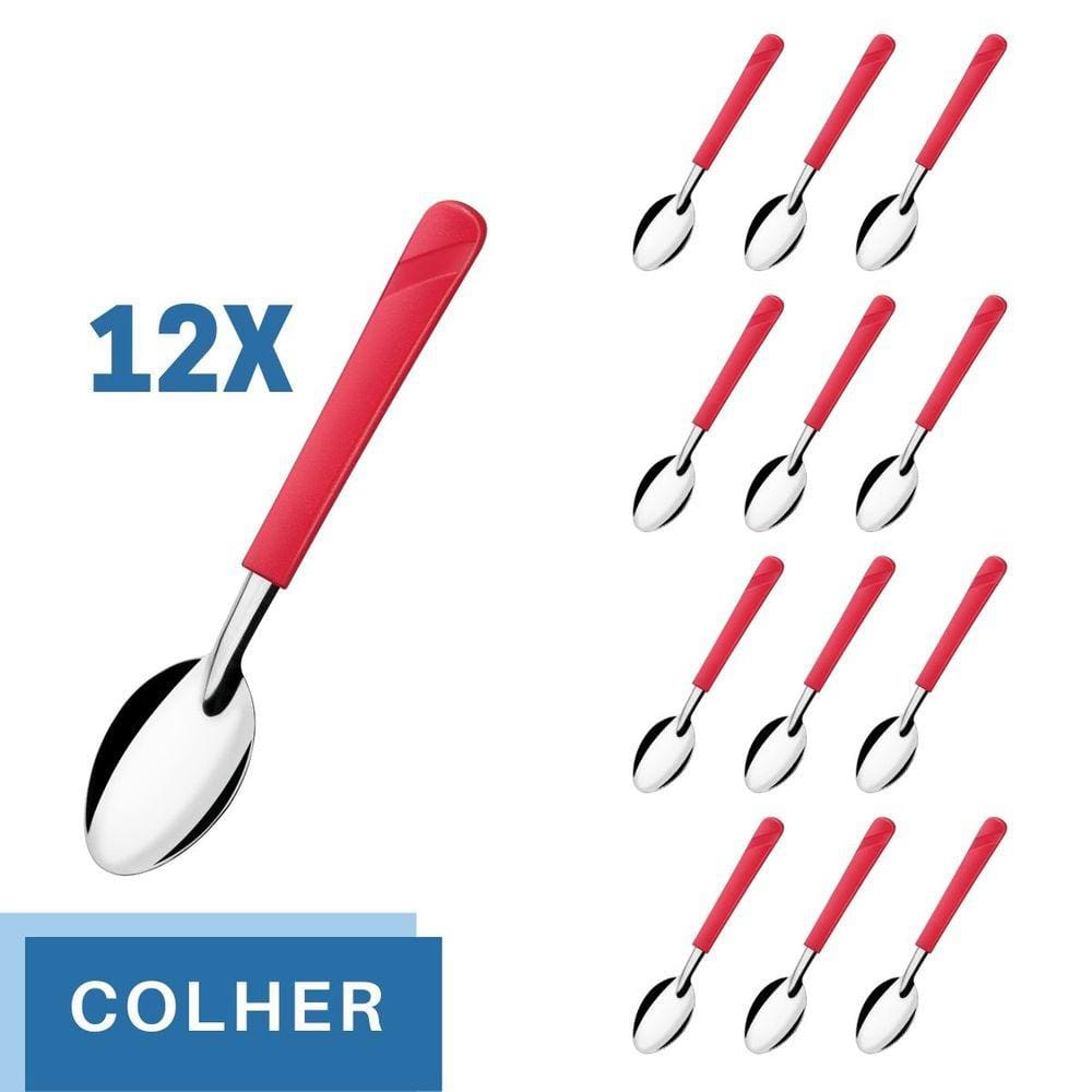 12 Colheres de Sopa Aço Inox Cabo Plástico Vermelho Luna
