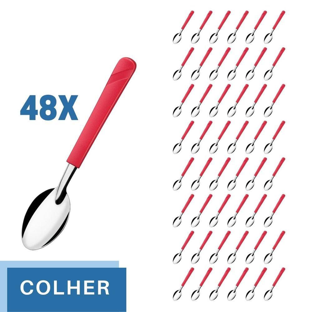 48 Colheres de Sopa Aço Inox Cabo Plástico Vermelho Luna