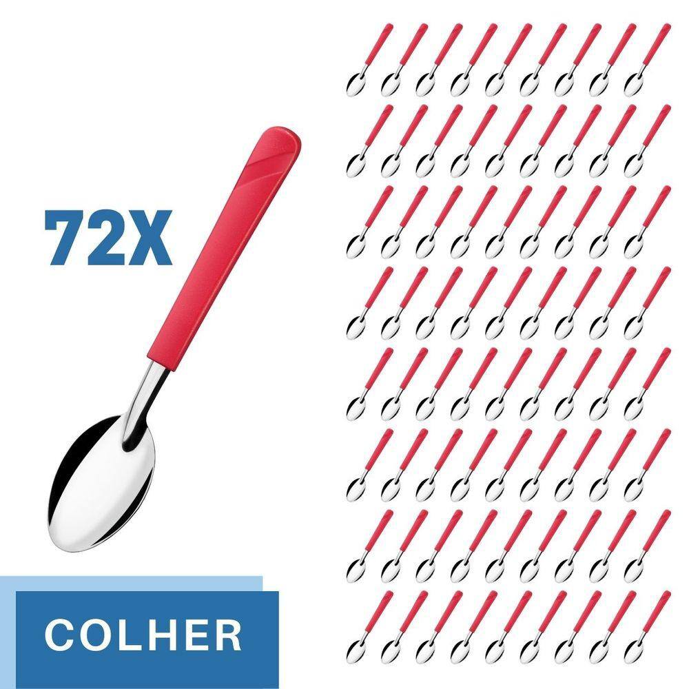 72 Colheres de Sopa Aço Inox Cabo Plástico Vermelho Luna