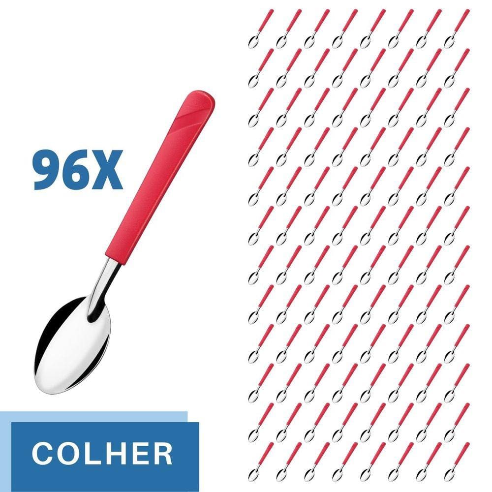 96 Colheres de Sopa Aço Inox Cabo Plástico Vermelho Luna