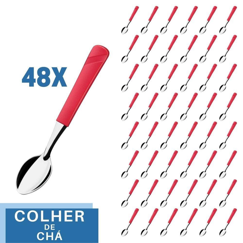 Jogo 48 Colher de Chá Aço Inox Plástico Vermelho Luna