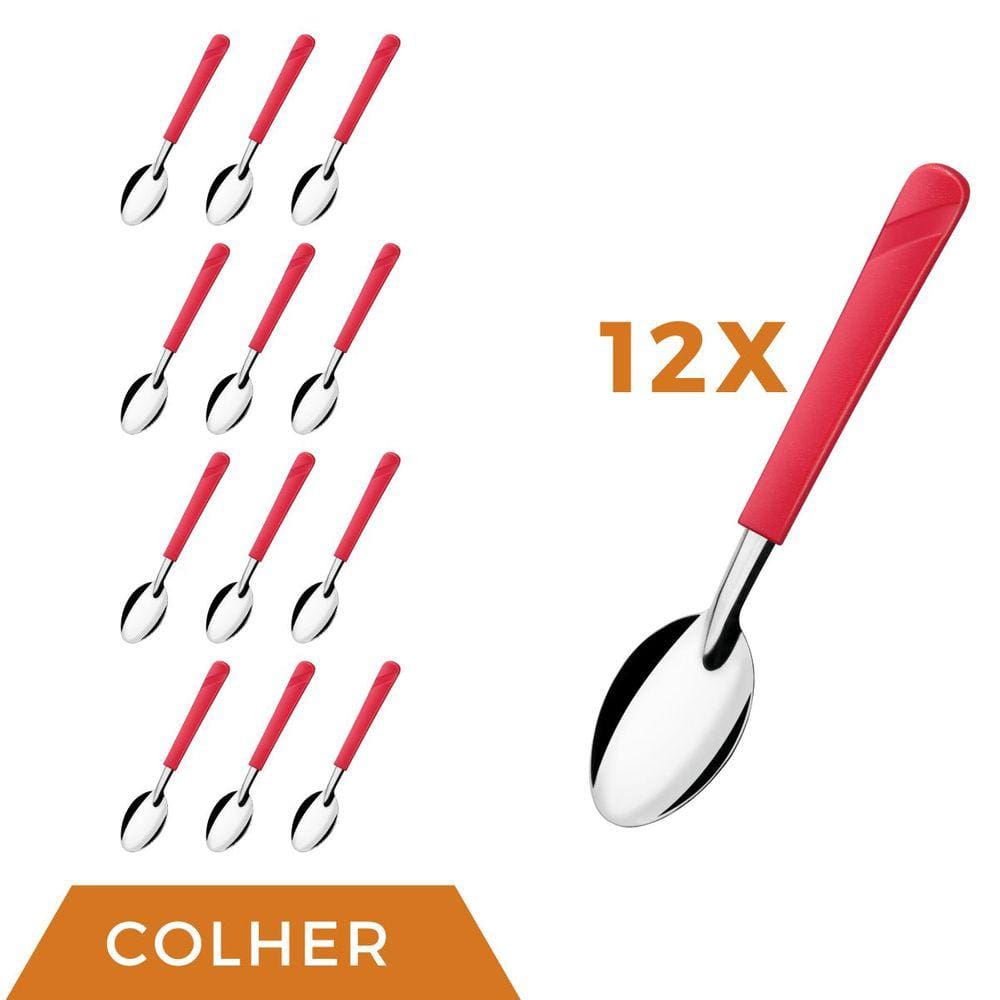 Jogo 12 Peças Colher de Sopa Vermelho Aço Inox Luna Almoço