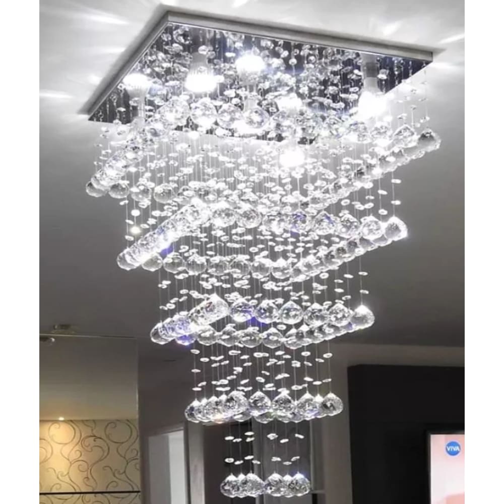 Lustre De Cristal Para Pé Direito Duplo Com Base De Inox Espelhado 45x45cm