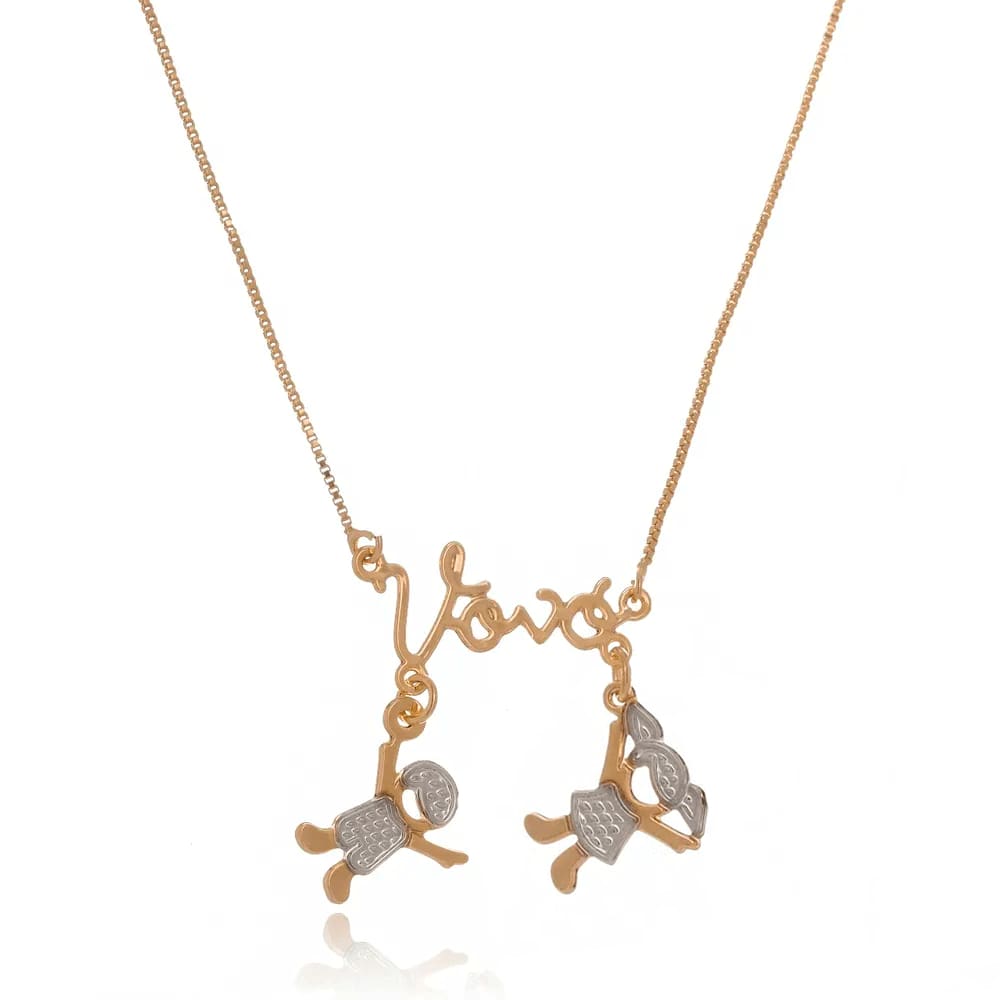 Colar Personalizado Com Pingente Coração Escrito Vovó E Pingente De Menino(a) Banhado Em Ouro 18k